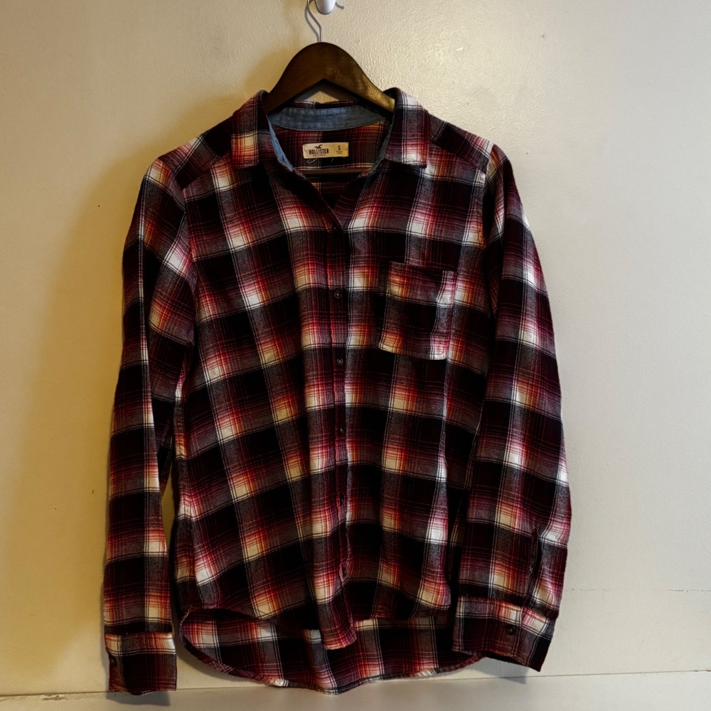 Hollister Women's Sm Red Plaid Flannel Button Down Shirt Long Sleeve Y2K